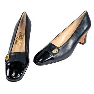 Salvatore Ferragamo 8 Narrow Black Calfskin Leather Square Toe Vintage Pumps